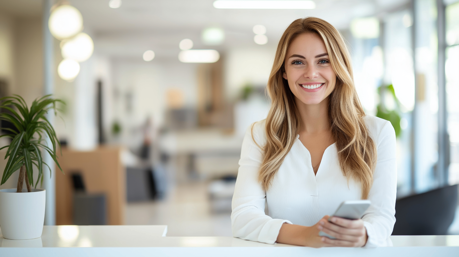 Dental office receptionist ready to assist patients at a modern front desk