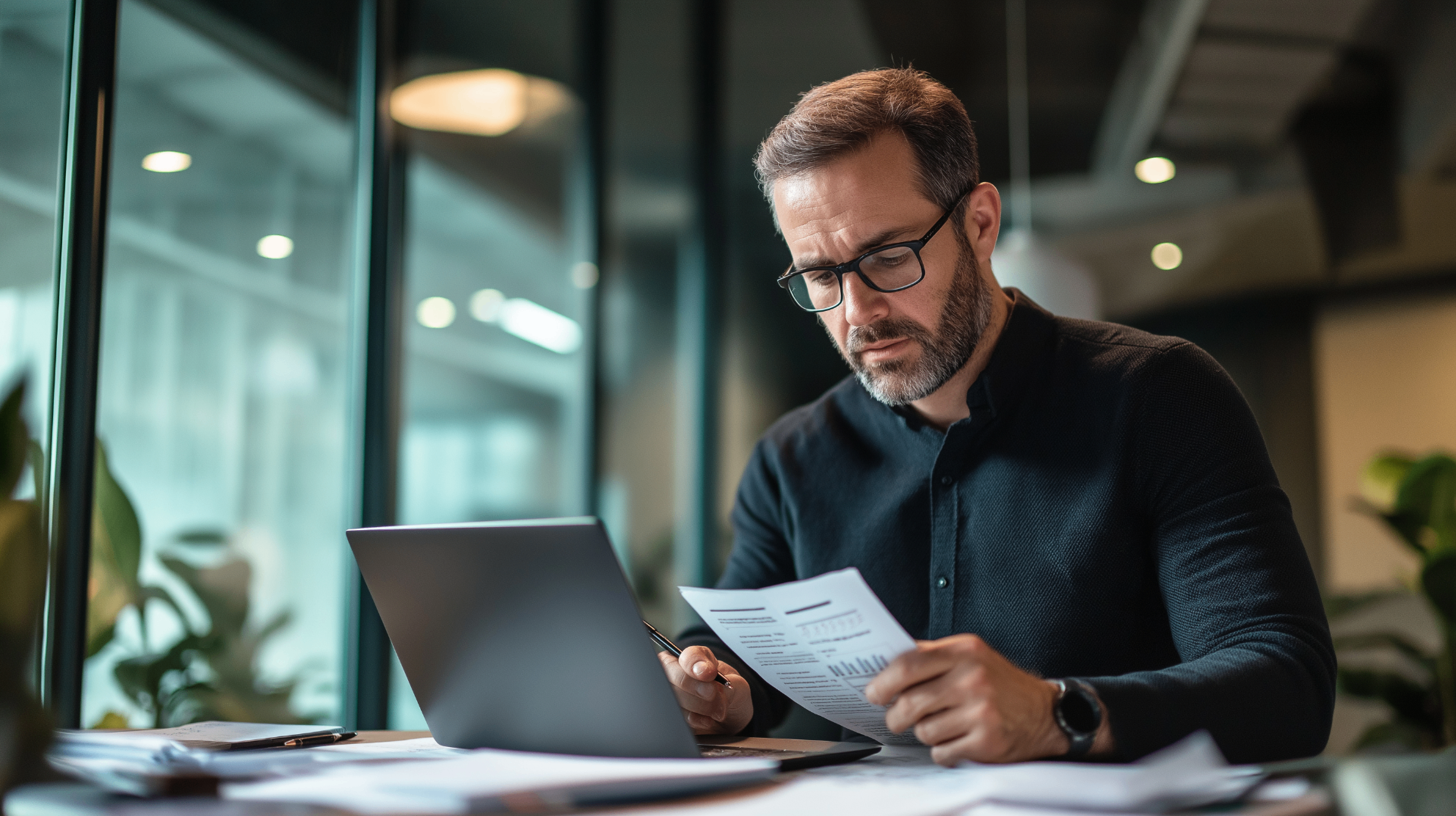 Dental practice owner reviewing financial documents and practice valuation data at a desk with a laptop