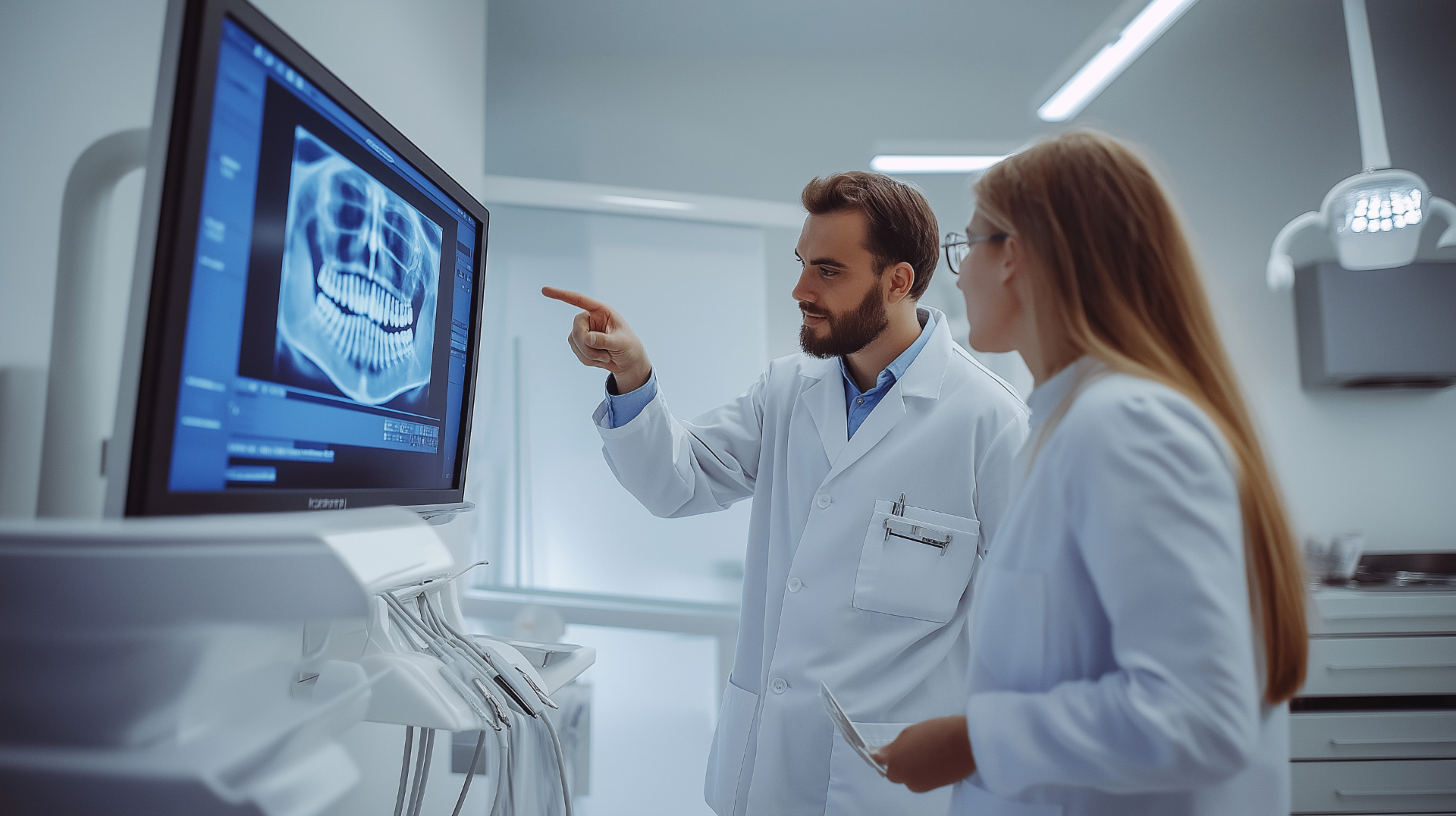 Two dental professionals reviewing a 3D dental scan on a monitor in a modern clinical setting