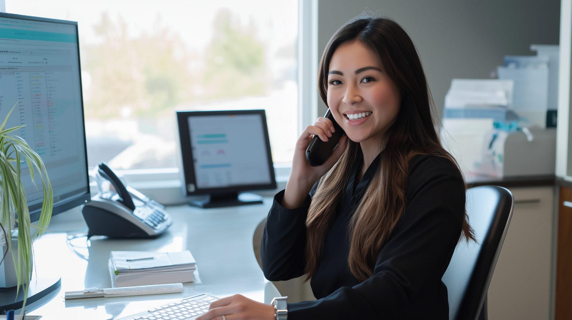 Dental treatment coordinator following up with an implant patient by phone