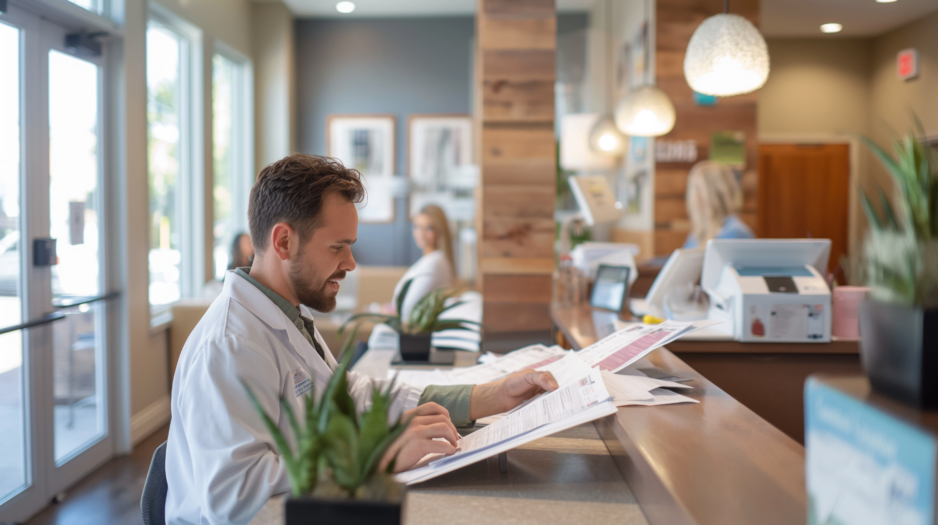 Dentist reviewing dental implant treatment plan documents at office desk