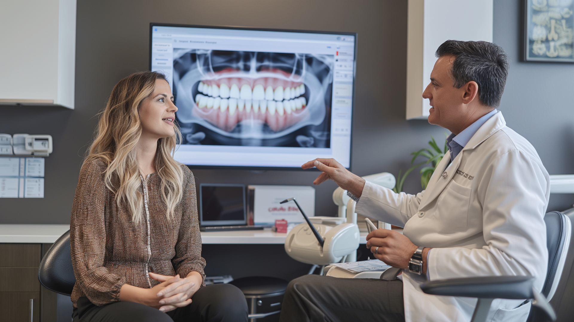 Patient consulting with dentist while reviewing dental x-ray during implant consultation