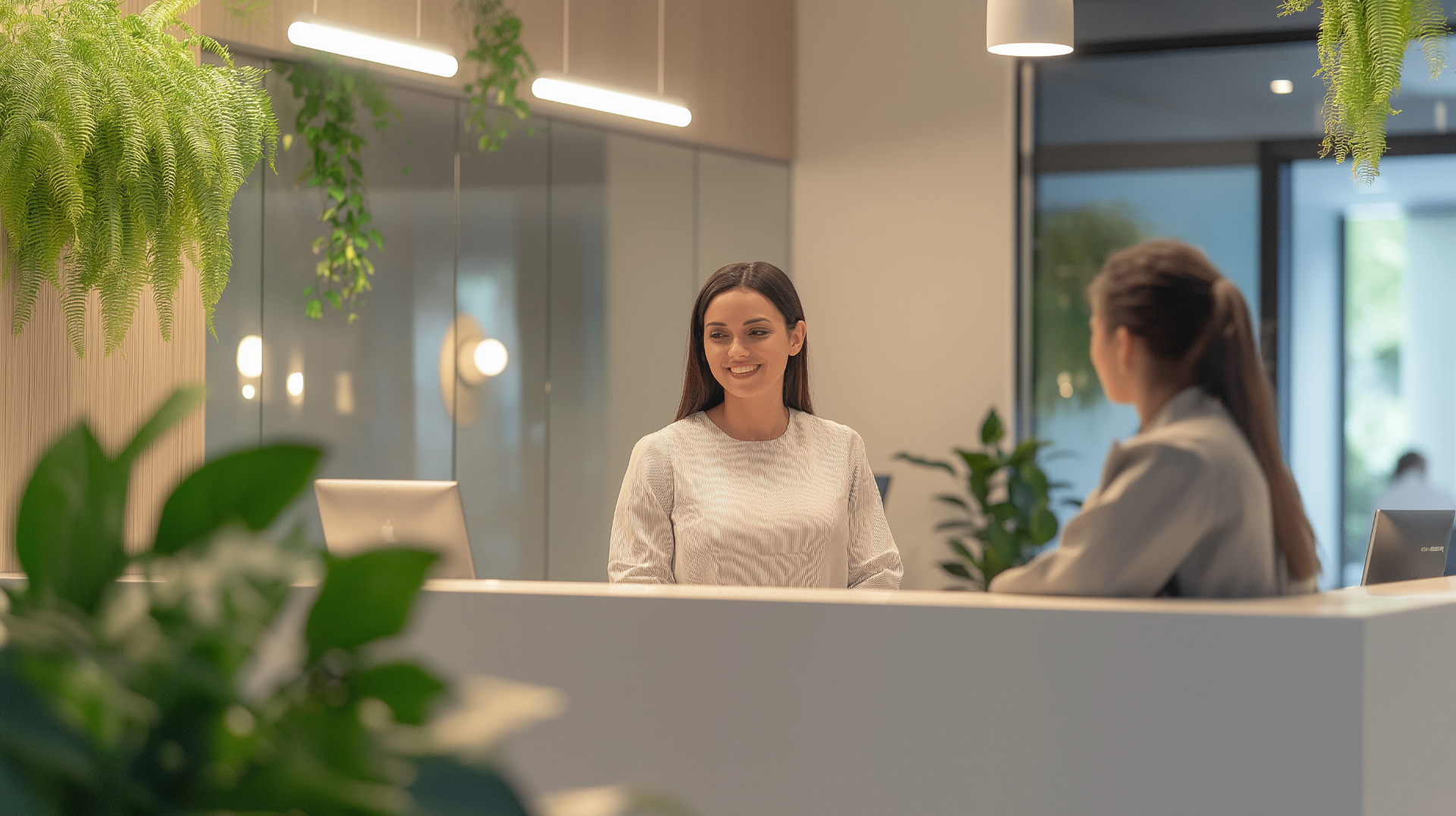 Dental office front desk coordinator greeting a patient at a modern reception desk with green plants and warm lighting