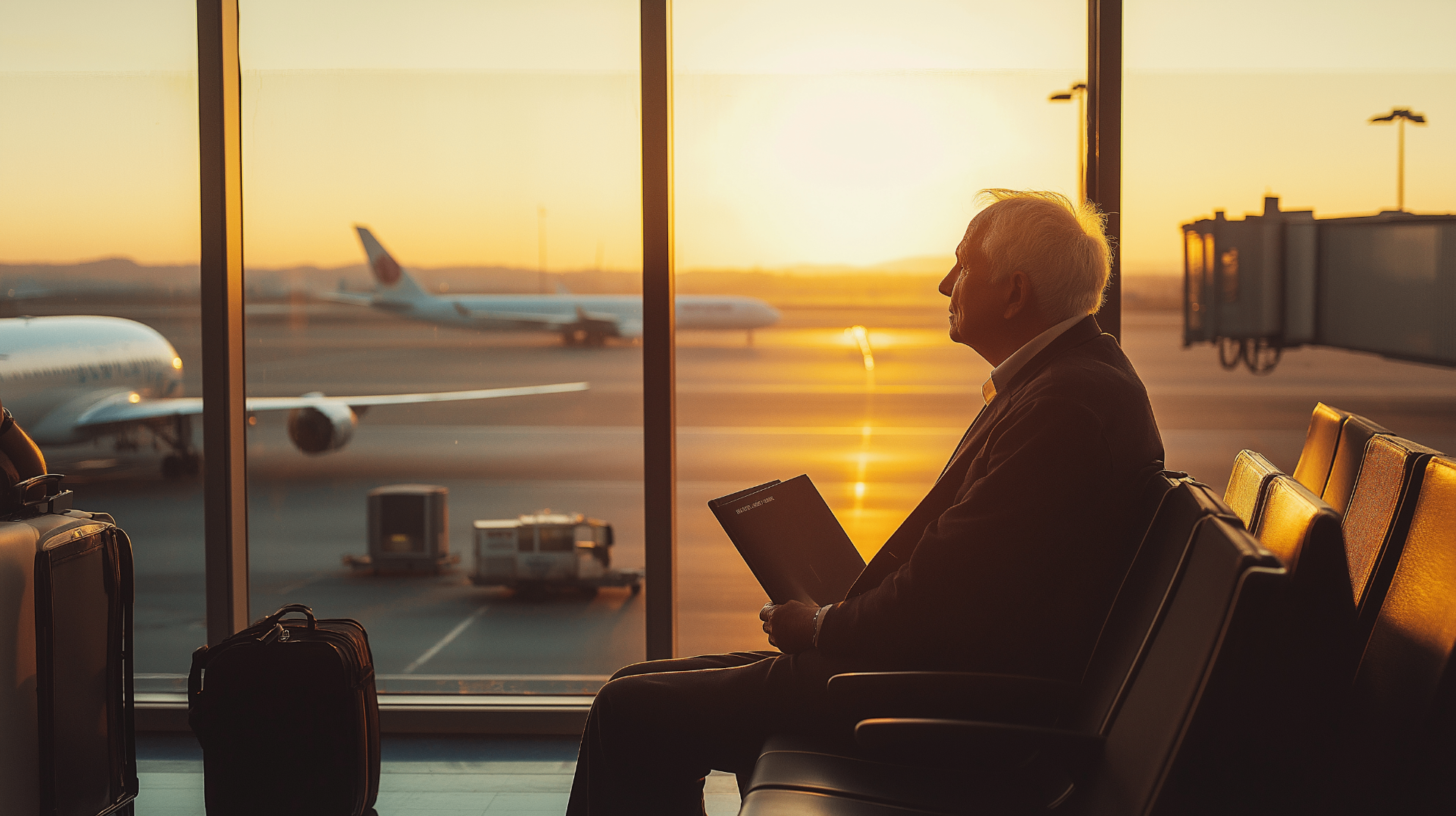 Older man sitting at an airport gate at sunset, holding a travel folder and looking out at planes on the tarmac