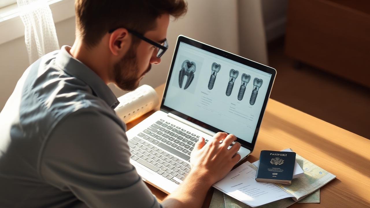Patient researching dental implant options on a laptop showing implant types, with a passport and travel documents on the desk
