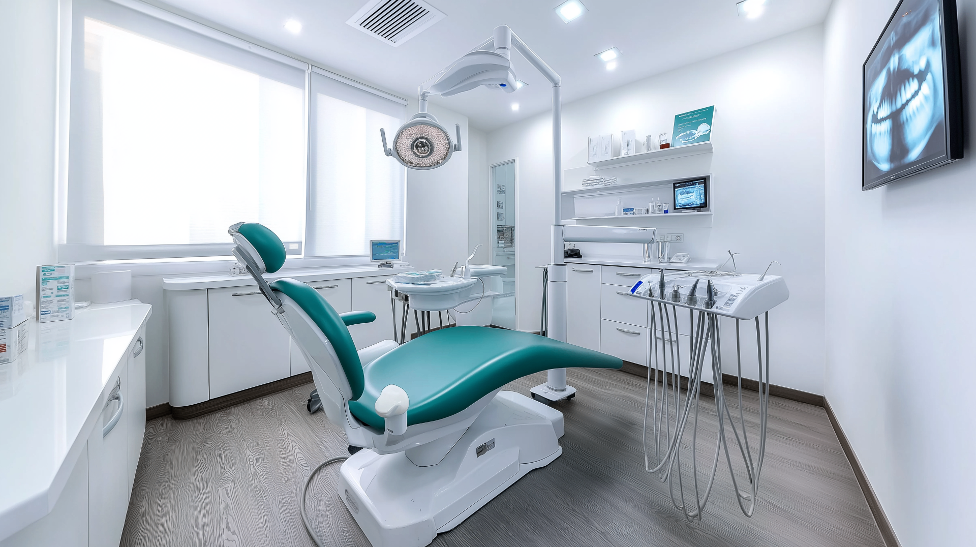 Modern dental implant clinic with treatment chair, surgical light, and dental x-ray displayed on wall monitor