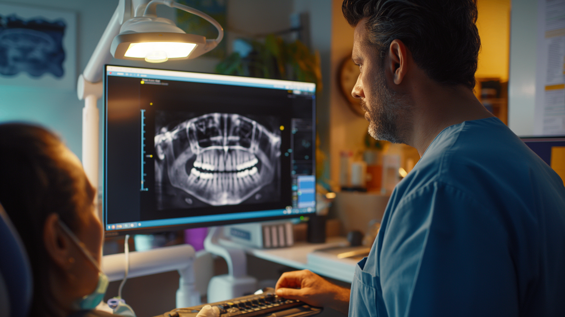 Mexican dentist in blue scrubs reviewing a panoramic dental X-ray with a patient during an implant consultation