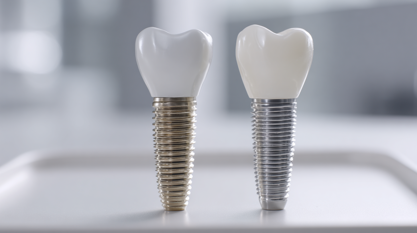 Close-up of two titanium dental implant posts with ceramic crowns side by side comparing different implant types